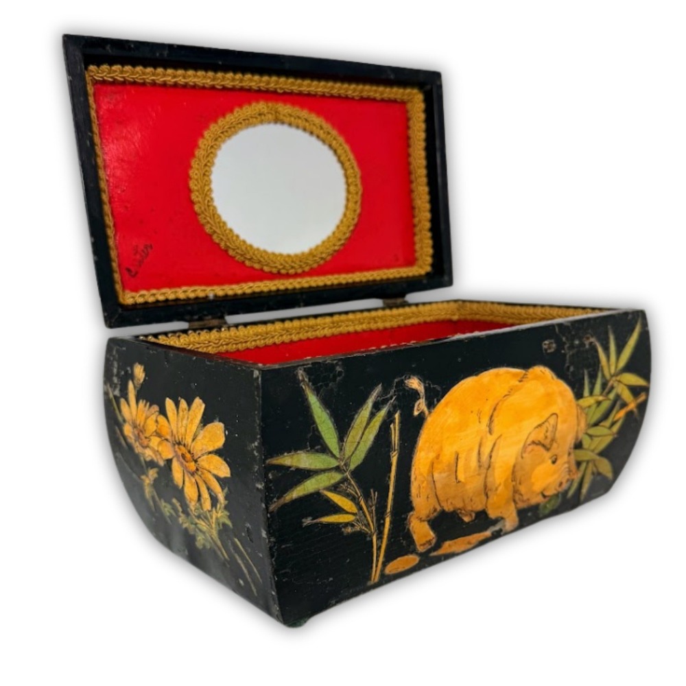 VTG Hand Painted Chinese Wood Jewelry Box Black Lacquer Pig Flower Bamboo Red
